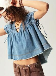 Bohemela BOHO Casual Woven Denim Oversized V-Neck Cap Sleeve Blouse For Women
