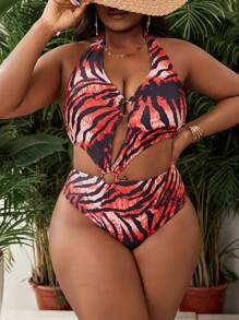 Slaydiva Plus Size Women's Halter Tie Hollow Tiger Pattern One Piece Sexy Swimsuit - Multicolor - View 1