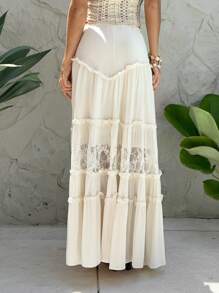 Sunnyshic Apricot Pleated Lace Trim Skirt, Minimalist & Fashionable, Suitable For Summer - Apricot - View 2