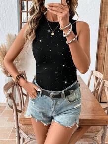 SHEIN LUNE 女式休闲水钻装饰圆领修身背心