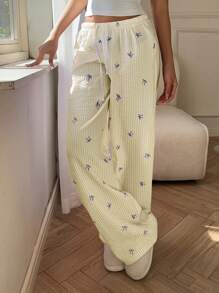 SHEIN PETITE CURVE 加大码优雅低腰性感女士舒适长裤，蝴蝶结条纹印花，百搭