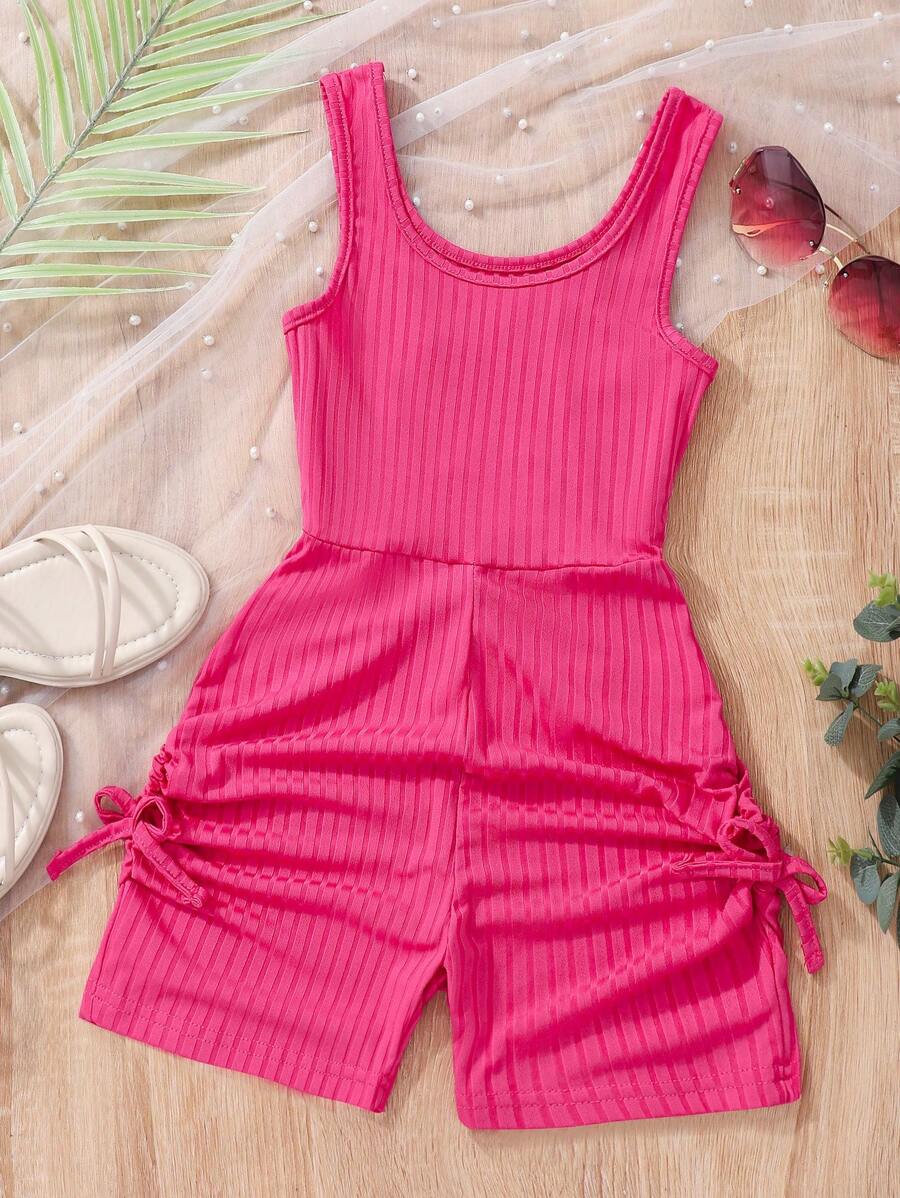Tween Girl 纯色罗纹侧系带前无袖休闲连体衣 - 玫紅色 - 查看 1