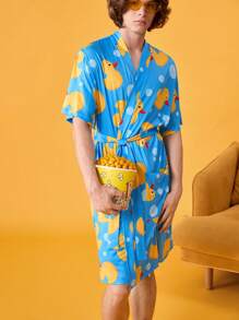 Happy Jammies Bata ligera con estampado de pato amarillo lindo, de manga corta, adecuada para primavera y verano