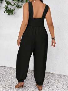 SHEIN Frenchy 大码休闲度假细肩带哈伦连体裤 - 黑色 - 查看 2
