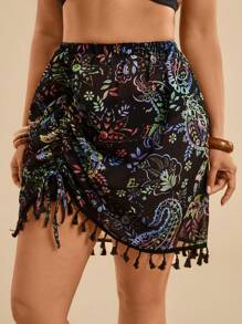 Travachic Plus Size Vacation Casual Tropical Beach Pleated Fringe Paisley Print Elastic Knit Mesh Cover Up Skirt, Summer Country Concert, Sarong