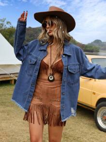 SHEIN Essnce Kurtka jeansowa z luźnymi, swobodnymi, zniszczonymi ramionami i wakacjami