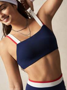 VARSITIE 女士纯色拼接简约修身休闲运动 T 恤和背心 - 藏蓝色 - 查看 3