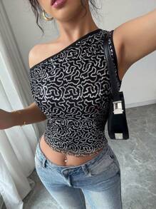 Elenzga 2025 Valentine's Day Sequin Embellished Slim Fit Asymmetrical Neck Short Sleeve T-Shirt - Multicolor - View 6