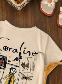 Young Girl Casual Cartoon Print T-Shirt, Summer - Apricot - View 5