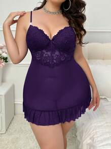 Plus Size Lace Patchwork Slip Dress & Bell Sleeve See-Through Robe Set, Waist Cinched Design