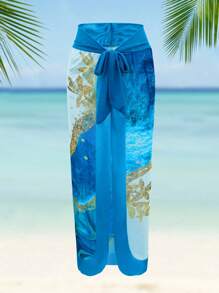Swim Oasis 大码女式两件套随机印花系带抹胸连体泳衣配系带纱笼，时尚海滩度假泳装 - 彩色 - 查看 3