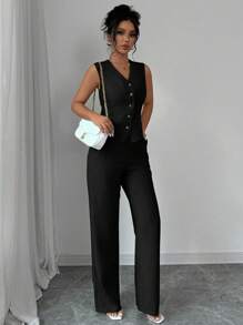 Elenzga Elegante Mode Damen Freizeitanzug mit ärmellosem V-Ausschnitt, taillierten Taille und geradem Bein, bestehend aus Weste und Hose