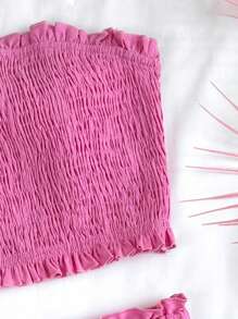 SHEIN Leap Crew Teen Girls Beach Vacation Elegant Pink Crinkle Texture Ruffled Camisole Top & Ruffle Hem Skirt 2 Pieces Set - Pink - View 6