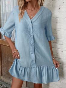 EMERY ROSE Women's Solid Front Button Short Sleeve Casual Cover-Up Dress For Vacation, For Summer Beach ,Country Concert Outfit