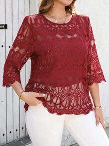 SHEIN Clasi Plus Size Women Elegant Solid Color Sheer Lace Blouse,Modesty Clothes Women,Crochet Top,Spring Outfits For Women,Red Top,Summer Tops,Vacation Style,Summer Outfits For Women,Summer Tops,Modesty Clothes Women,Floral,Shirts Women,Funny Shirts,Suitable For Everyday Elegant Wear,Vacation Outfits Woman,Summer Outfits For Women,Business Casual Woman,Going Out Tops Women ,Office Wear Women,Spring Outfits For Women,Festival ,Old Money, Short Sleeve Tops Women,Elegant Woman Clothing,Modesty Clothes Women,Casual Tops Women,Spring Break,St Patrick Day Shirt - Red - View 2