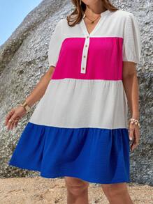 EMERY ROSE Plus Size Women V-Neck Ruffle Hem Loose Fit Short Puff Sleeve Colorblock Dress Summer Outfits For Women Tropical Vacation Woman Clothes Oversize Beach - Multicolor - View 5