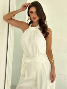 Firerie Women's Elegant Simple Precise Romantic Sweet Sexy Commute Office Wedding Guest Vacation Party Music Festival Halter Backless Sleeveless Blouse And High Waist Bow Wide Leg Straight Pants White Suit, Spring/Summer - White - View 8