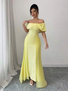 Rafferiza French Elegant Cocktail Party Wedding Guest Off Shoulder Ruched Bodycon Chiffon See-Through Flowy Mermaid Dress, Yellow, Women, Spring/Summer - Yellow - View 6