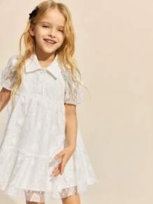 SHEIN Kleine Mädchen Elegantes weißes Mesh-Jacquard Kleid mit Kurzarm Kragen, Frühling/Sommer - Weiss - Übersicht 4
