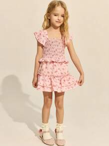 SHEIN 2pcs/Set Young Girls' Elegant Pink Woven Ditsy Floral Trim Blouse & Ruffle Hem Mini Skirt, Spring/Summer