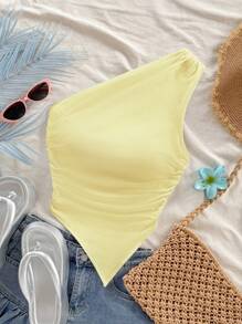 Soleia Blusa asimétrica con hombro descubierto de color amarillo pálido, adecuada para vacaciones de verano - Amarillo - Ver 8