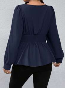 Calvaya Kemeja Kasual Wanita Ukuran Plus dengan Bahu Asimetris, Kerah Bulat, Hem Berkerut, dan Lengan Lentera yang Diikat, Cocok untuk Perjalanan Musim Gugur. - Navy Blue - View 2