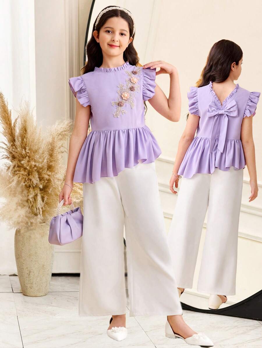 SHEIN Leap Crew 女童编织可爱不对称荷叶边刺绣蝴蝶结装饰衬衫和休闲优雅喇叭裤两件套，薰衣草色，适合春季外出、度假、花园茶会、休闲外出