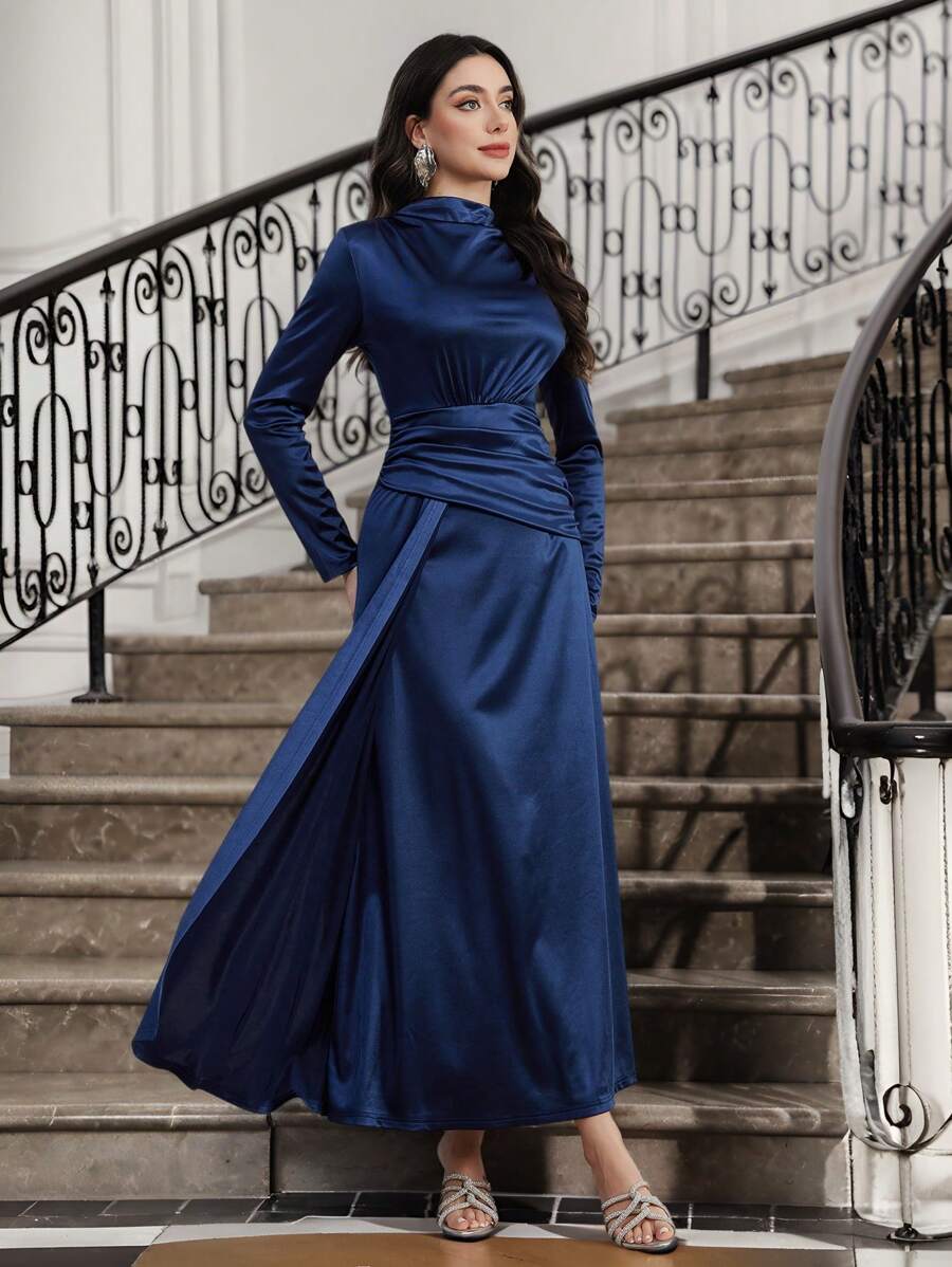 Graceveil 女士长袖连衣裙，纯色缎面，优雅，秋冬朴素