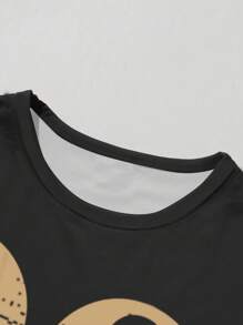 两件套小男孩耳机熊基本款字母街头风格数码印花短袖T恤套装 - 黑色 - 查看 4