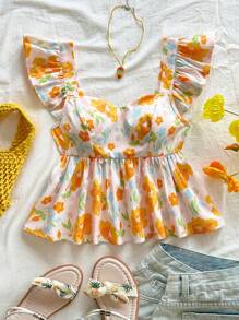 Soleia 女士夏季装、夏季上衣、女士西部装、外出上衣、女士音乐会、狂欢节、女士生日装、女士度假装、夏季女士浪漫花卉印花方领盖袖荷叶边下摆衬衫 - 彩色 - 查看 2