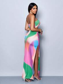 SOLERSUN Spring And Summer Women's Elegant Asymmetrical Colorblock Print Sleeveless Tube Top & Split Maxi Skirt Knit Two-Piece Set, Casual Party Wear