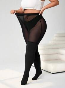 SHEIN CURVE+ Damen Große Größen, Valentinstag, Valentinstags Strümpfe, Schwarze Strumpfhosen in Große Größen, Rutschfeste Oberschenkelhohe Strümpfe, Schwarze Mesh-Patchwork Leggings für den täglichen Gebrauch, einfach modisch, Frühlings-Sommer Kleidung