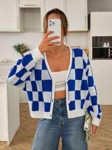 EURMUSE Women's Casual Colorblock Checked Cardigan, Spring/Autumn,Long Cardigans Woman,Petite Cardigans,Cardigans - Royal Blue - View 4