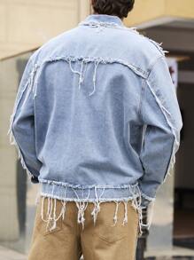 Manfinity Homme Men's Blue Loose Fit Frayed Denim Jacket - Light Wash - View 2