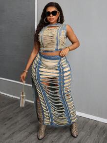 SHEIN SXY Plus Size Fashionable & Sexy Washed Hollow Out Cropped Denim Top - Blue - View 4