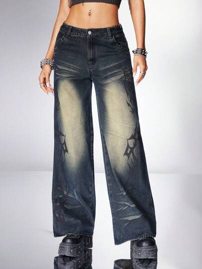 Grunge Punk Jeans femme avec poches en biais et colorblock