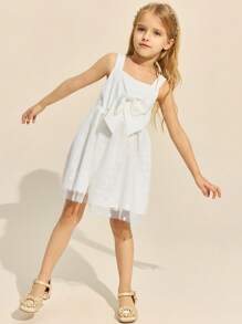 SHEIN Young Girls White Sleeveless Chiffon Dress, Elegant, Spring/Summer - White - View 3