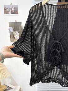 Calvaya Plus Size Casual French Style Black Frill Trim Tie Front Cropped Lightweight Cardigan - Black - View 5