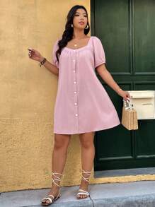 Breezaya Plus Size Women Woven Vacation Short Sleeve Lotus Root Pink Dress With Decorative Button - Dusty Pink - View 6