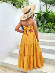 SHEIN Váy suông màu trơn đơn giản cho bé gái tuổi mới lớn có nơ sau lưng - Màu vàng - Xem 5