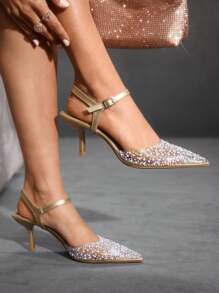CUCCOO SZL Women's Pointed Toe High Heel Shoes, Fashionable Gold Rhinestone Sexy Transparent Glass Heel Backless Pumps - Gold - View 3