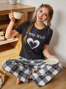 SHEIN Leap Crew 2pcs Teen Girls Simple Heart Print Round Neck Short Sleeve T-Shirt + Plaid Pattern Loose Fit Straight Leg Pajama Pants, Flameproof Sleepwear Set - Black and White - View 5