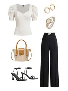 Ellevyn 女士优雅白色提花针织荷叶边领羊腿袖修身 T 恤 - 白色 - 查看 1