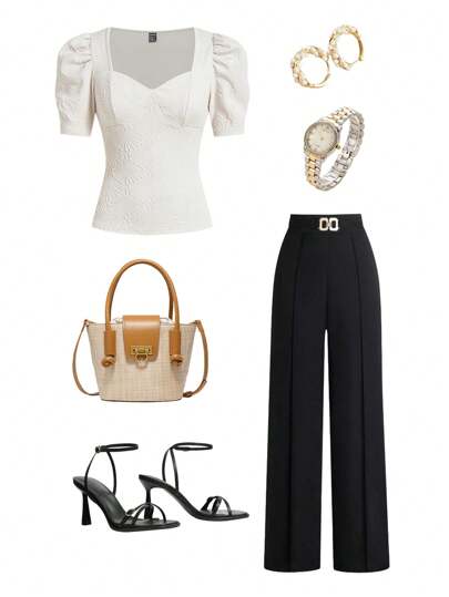 Ellevyn 女士优雅白色提花针织荷叶边领羊腿袖修身 T 恤