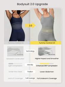 GLOWMODE 4.3" FeatherFit™-Air Sweat-Wicking Quick-Dry Tummy Control Corset Round-Neck Crossover Back Bodysuit Jumpsuit Romper With Side Pockets Low Impact Yoga Pilates Studio Daily Casual Wear Removable Cups - Grey - View 2