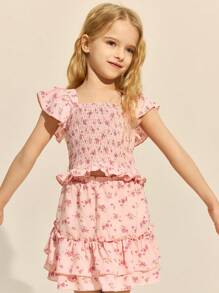 SHEIN 2pcs/Set Young Girls' Elegant Pink Woven Ditsy Floral Trim Blouse & Ruffle Hem Mini Skirt, Spring/Summer
