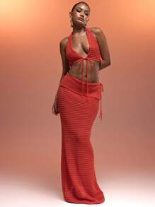 MUSERA Áo len croptop cổ yếm buộc dây phía trước, kiểu dáng ôm sát, thích hợp cho kỳ nghỉ hè, phong cách Ibiza, mùa xuân, đi biển, vẻ đẹp nữ thần. - Đỏ - Xem 5