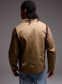 Musero Veste de camionneur zippée à col avec panneau contrasté - Marron - Voir 4
