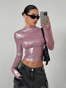 StreetHx Blusa de mujer de cuello alto, mangas largas y ajuste slim con acabado brillante