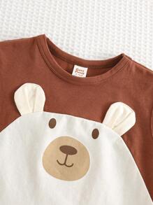 Cozy Pixies 2pcs Baby Boy Cartoon Bear Pattern Contrast Color Sleeveless Top And Elastic Waist Shorts Set